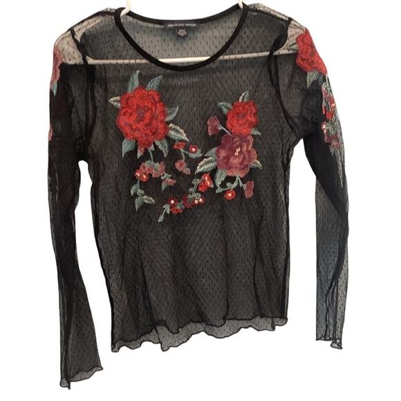 American Eagle Womens Sheer Shirt M Whimsigoth Swiss Dot Rose Embroidered Y2K - Picture 1 of 9